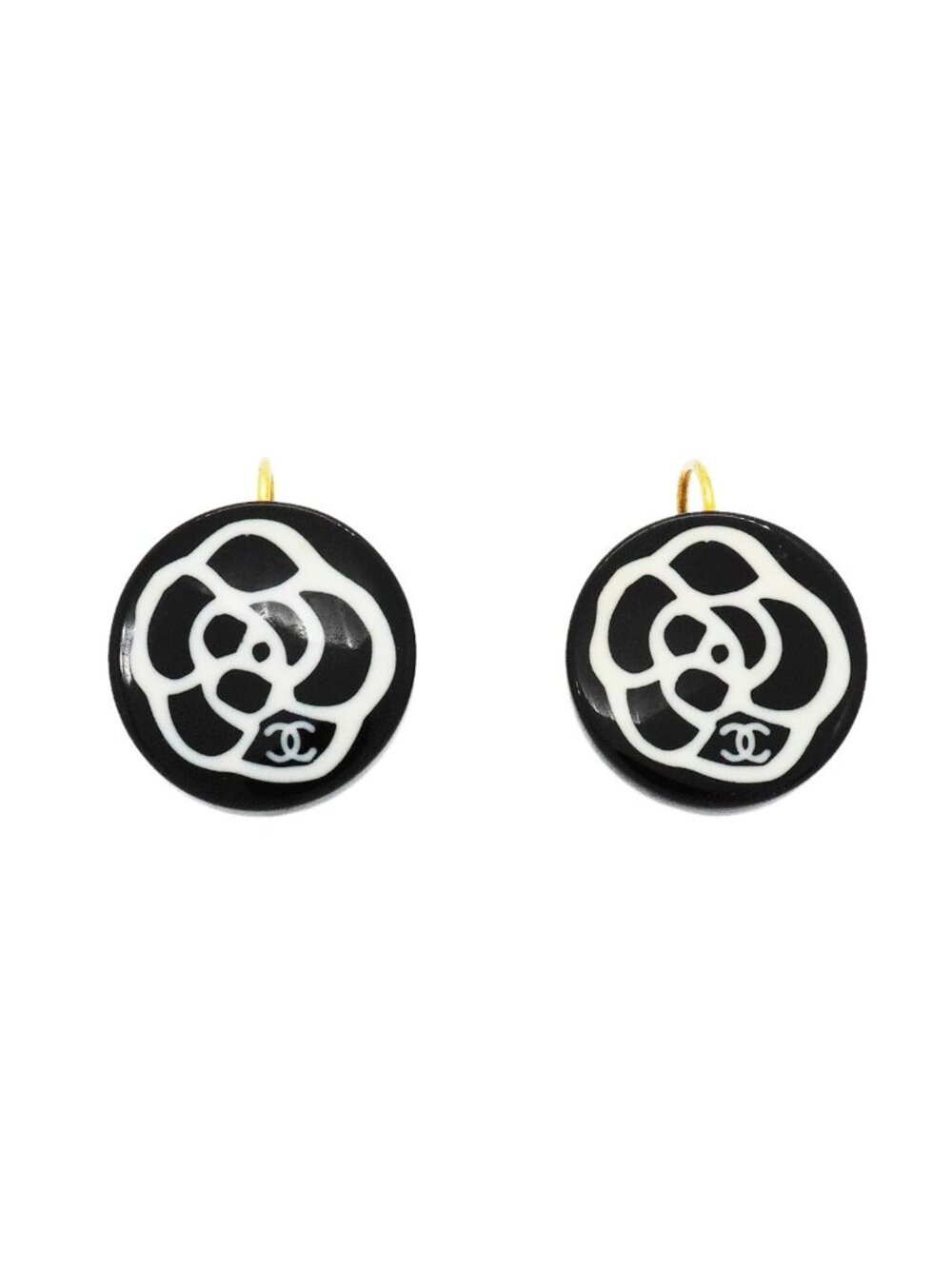 Chanel Earrings CC Logo Camellia Round Circle Gold Plated White Black